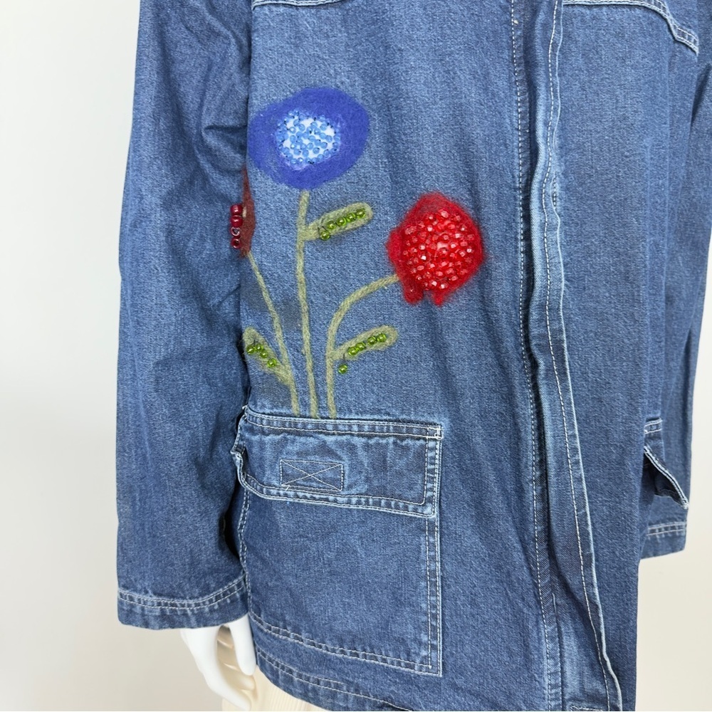 Keren Hart Women’s Denim Jacket Size L – Floral & Stone Accents, Deep Pockets - Picture 6 of 14